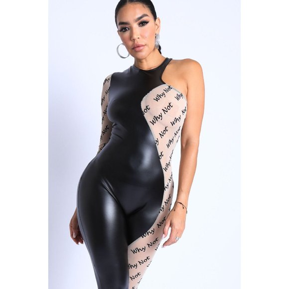 Wavy Women's Color Block Letter Print Casual Jumpsuit Asymmetrical One Sleeve - Picture 4 of 12